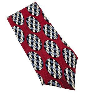 Bachrach All Silk Red Blue White Geometric Pattern Mens Necktie